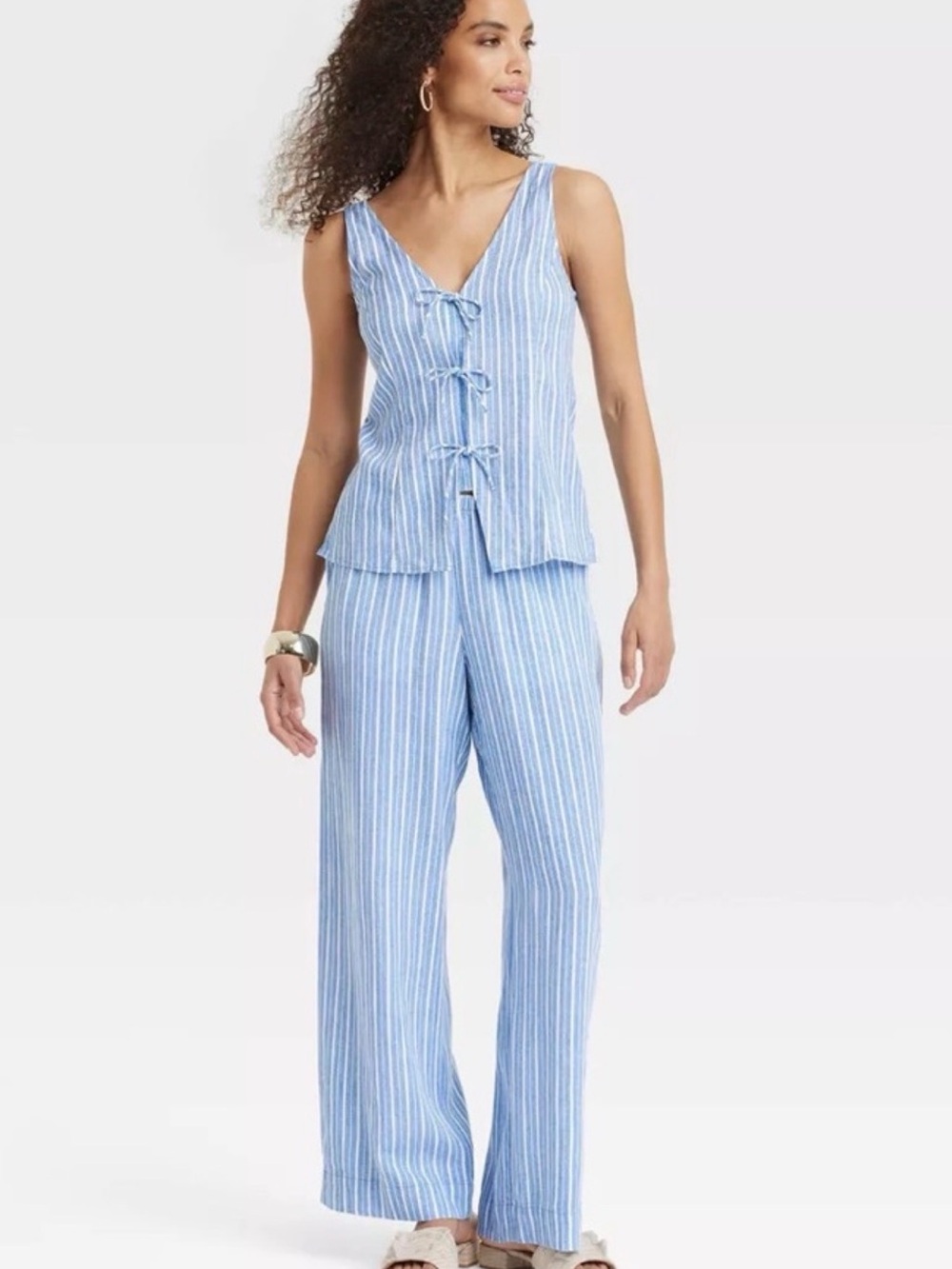 Striped Blue V-Neck Tie-Front Linen Top & Pants- A New Day
